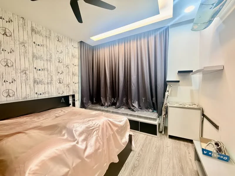 Bedroom features: queen-size bed with pink satin bedding, wooden flooring, grey wallpaper with pattern, dark curtains, ceiling fan, wall-mounted air conditioning unit, built-in shelving, decorative wall paneling, bedside table, open closet space; style: modern.
