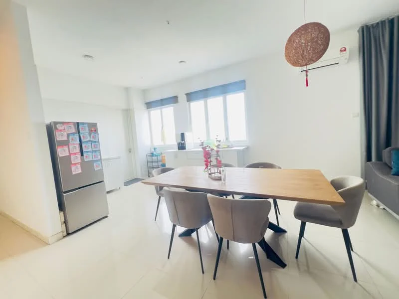 Dining features: 6-seater dining table, upholstered dining chairs, stainless-steel fridge, floor-to-ceiling windows, white walls, recessed downlights, air conditioning unit, grey curtains, ceramic tile flooring; style: modern. Kitchen features: white cabinetry, countertop with sink, kitchen appliances visible; style: modern.