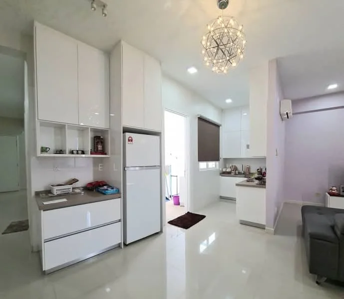 Kitchen features: white cabinetry with flat-panel doors, stainless-steel fridge, grey countertop, white tiled backsplash, built-in oven, single-bowl stainless-steel sink, chrome pull-down faucet, recessed LED downlights, pendant light fixture, open layout to living area, wall-mounted split AC; style: modern. Living features: grey fabric sofa, wall-mounted TV, light purple accent wall, recessed LED downlights, open layout to kitchen; style: modern.