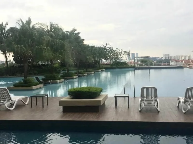 Exterior type: swimming pool deck; features: infinity pool, pool deck with loungers, tropical landscaping, manicured lawn, palm trees, city skyline view in background; style: modern.