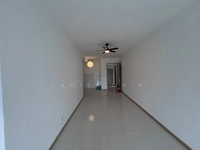 Room features: white painted walls, glossy ceramic tile flooring, 5-blade ceiling fan with light, recessed downlights, doorway leading to another room, large window for natural light; style: modern.