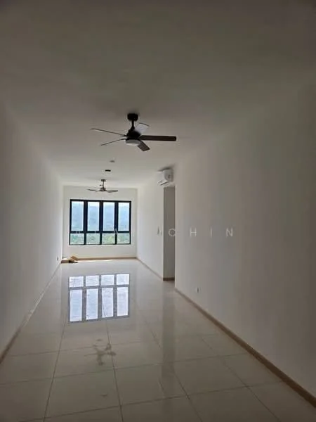 Room features: white painted walls, polished ceramic tile flooring, 2 ceiling fans, large floor-to-ceiling windows, natural light, view of greenery, neutral color scheme, no visible furniture; style: modern; view: garden.