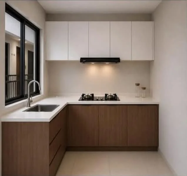 Kitchen features: single-bowl stainless-steel sink, chrome pull-down faucet, white quartz countertop, brown wooden cabinetry, built-in gas hob with 4 burners, black range hood, white upper cabinets, tile flooring, floor-to-ceiling window, neutral painted walls, recessed downlights; style: modern.