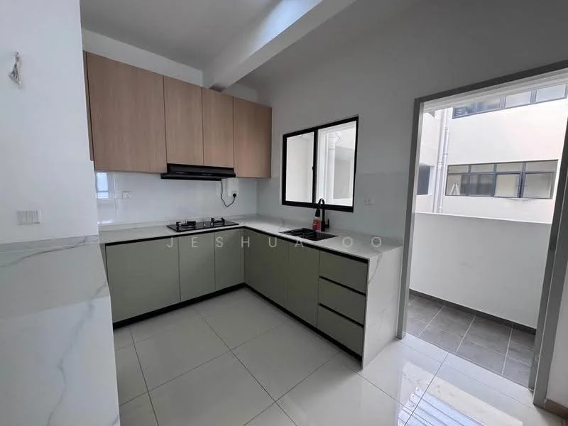 Kitchen features: L-shaped kitchen layout, light wood cabinetry, green lower cabinets, white marble countertop, black single-bowl stainless-steel sink, chrome pull-down faucet, built-in gas stove, exhaust hood, white tiled backsplash, white walls, grey floor tiles, large window for natural light, door leading to balcony; style: modern.