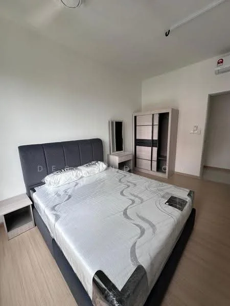 Bedroom features: queen-size bed, upholstered headboard, light wood flooring, white painted walls, built-in wardrobe with sliding doors, nightstand, window with natural light, ceiling light fixture; style: modern.