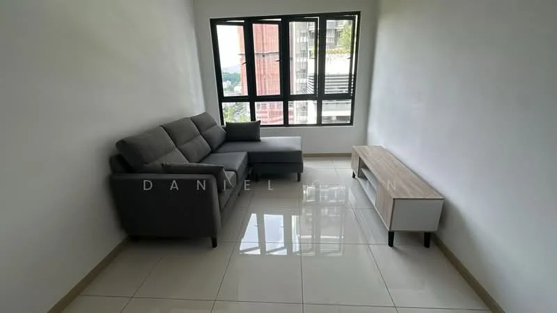 Living features: grey fabric sectional sofa, white TV console, glossy white tile flooring, large floor-to-ceiling windows, natural light, neutral painted walls, minimalist decor, open layout; style: modern; view: city.