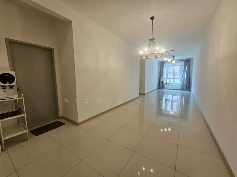 Room features: white painted walls, glossy ceramic tile flooring, recessed downlights, chandelier, large windows with sheer curtains, doorway leading to another room, open layout, neutral color scheme; style: modern; view: garden.