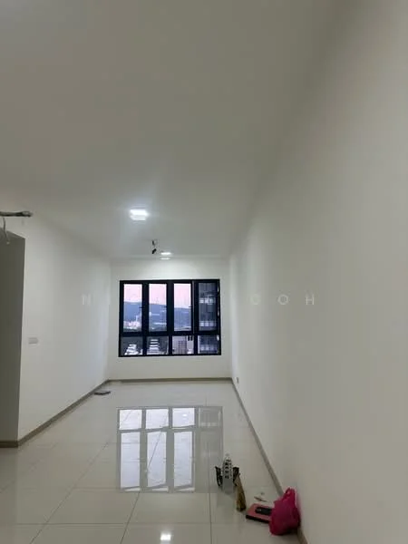 Room features: white painted walls, glossy ceramic tile flooring, recessed downlights, floor-to-ceiling windows, city view, neutral color scheme; style: modern; view: city.