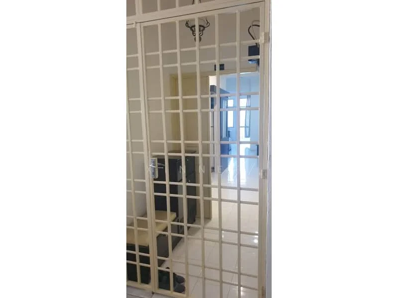 Room features: white tiled flooring, metal security grille, neutral wall colour, recessed lighting, doorway leading to other rooms; style: modern.
