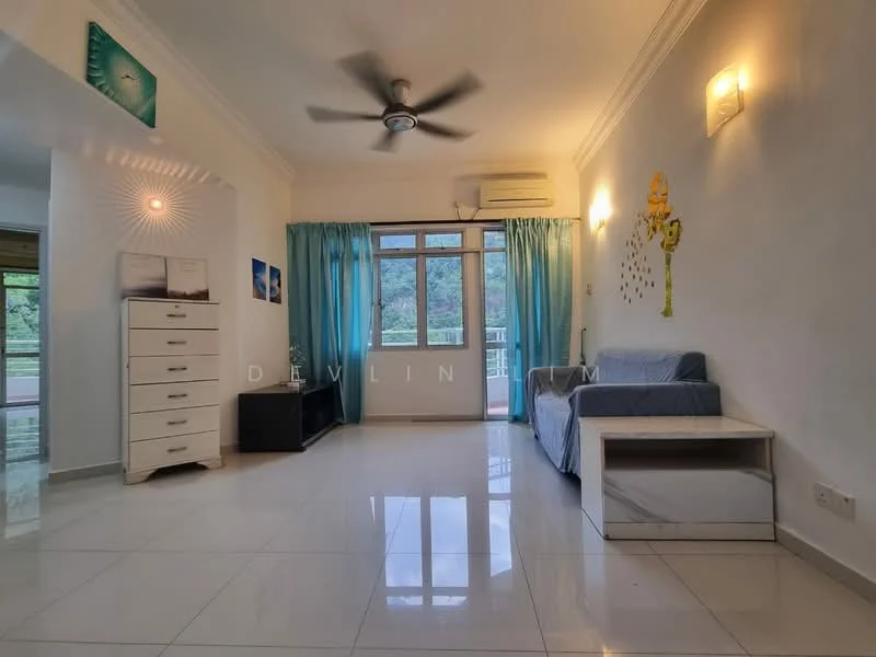 Living features: white painted walls, glossy tile flooring, 5-blade ceiling fan with light, floor-to-ceiling windows, curtains in turquoise, light-colored fabric sofa, white side table, black TV console, decorative wall art, air conditioning unit; style: modern; view: garden.