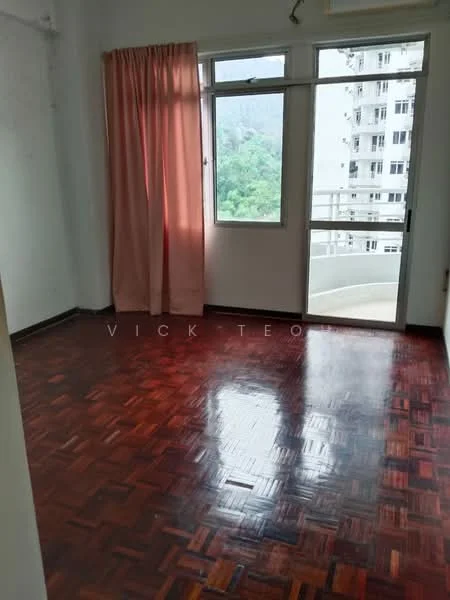 Room features: wooden flooring, white painted walls, floor-to-ceiling windows, curtains in light pink, balcony door, mountain view, natural light, parquet flooring; view: mountain.