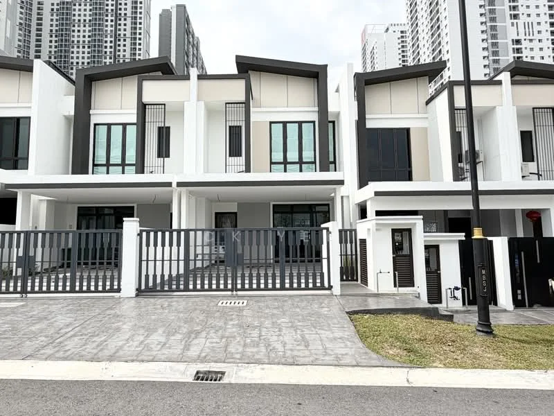 Exterior type: linked terrace house; features: white painted facade, black accents, flat roof, double-storey, manicured lawn, paved driveway, security gate, balconies with glass railings, modern architectural design, surrounded by high-rise buildings; style: modern.