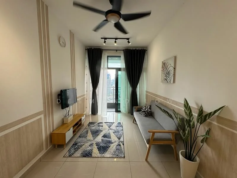Living features: 5-blade ceiling fan with light, wall-mounted TV, wooden TV console, grey fabric sofa, area rug with geometric pattern, sliding glass door, floor-to-ceiling windows, blackout curtains, decorative wall art, potted plant, cream painted walls, tile flooring; style: modern; view: city.