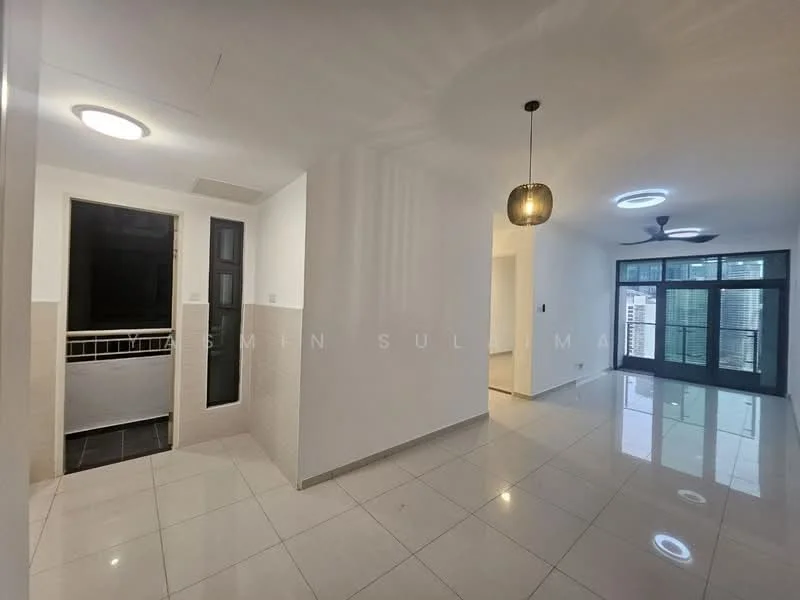 Living features: white painted walls, glossy tile flooring, recessed downlights, ceiling fan, pendant light, floor-to-ceiling windows, balcony door, open layout; style: modern; view: city. Room features: white painted walls, glossy tile flooring, doorway leading to another room, wall-mounted light fixture.