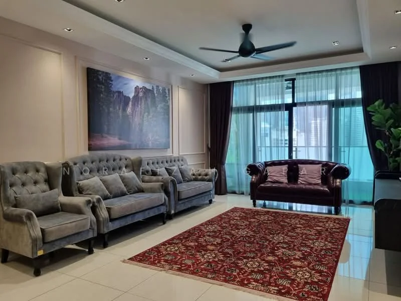 Living features: 3-seater fabric sofa in grey, 2-seater leather sofa in burgundy, area rug with intricate pattern, ceiling fan with light, floor-to-ceiling windows, sheer curtains, dark brown curtains, wall-mounted artwork, recessed lighting, white painted walls, glossy tile flooring; style: modern.