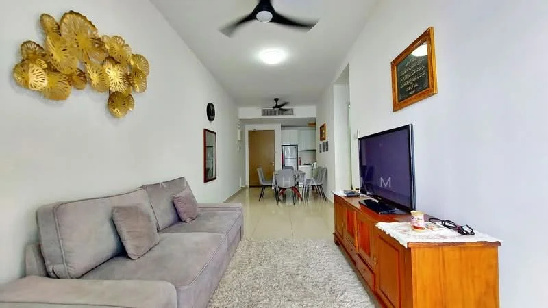 Living features: grey fabric sofa, area rug with neutral color, wall-mounted TV, wooden TV console, decorative wall art, ceiling fan, recessed lighting, light-colored walls, tile flooring, framed mirror, dining area visible in background; style: modern.