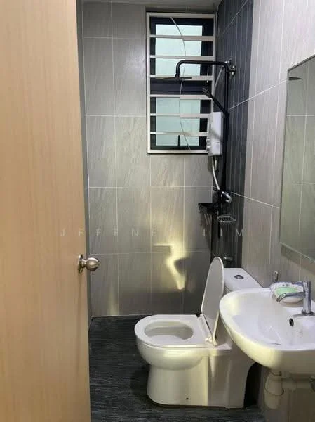 Bathroom features: white ceramic toilet, single-sink vanity with mirror, chrome basin mixer faucet, grey tiled walls, dark grey tiled flooring, shower with wall-mounted showerhead, window for natural light, towel rack, toilet paper holder; style: modern.