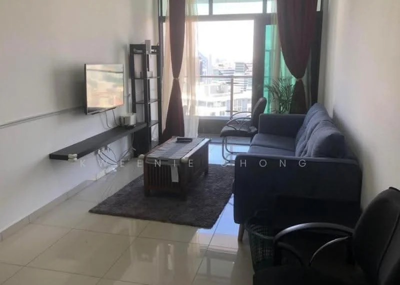 Living features: grey fabric sofa, wood coffee table, black armchair, TV mounted on wall, floating TV console, area rug, floor-to-ceiling windows, curtains, ceramic tile flooring, white painted walls; style: modern; view: city.