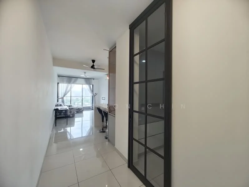 Hallway features: white painted walls, glossy ceramic tile flooring, 5-blade ceiling fan, glass panel door, natural light from windows, neutral color scheme; style: modern; view: city. Living features: sofa, coffee table, dining table, floor-to-ceiling windows, curtains, recessed downlights; style: modern; view: city.