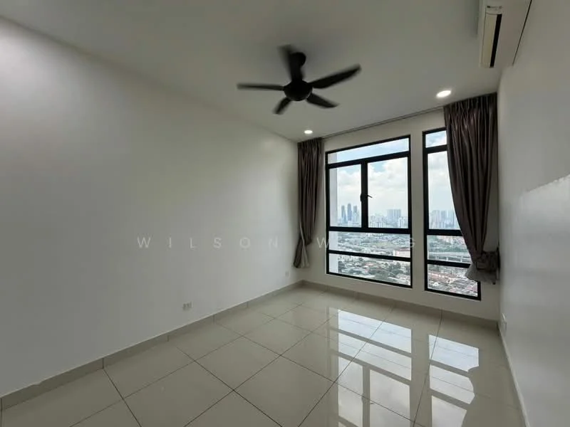 Room features: white painted walls, glossy tile flooring, 5-blade ceiling fan, floor-to-ceiling windows, curtains, city skyline view, air conditioning unit; style: modern; view: city.