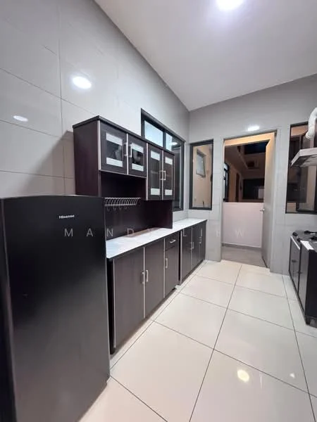 Kitchen features: black refrigerator, dark wood cabinetry, white countertop, ceramic tile flooring, grey tiled walls, stainless-steel sink, built-in oven, gas stove, window with black frame, open shelving, wall-mounted rack for utensils, LED ceiling lights; style: modern.