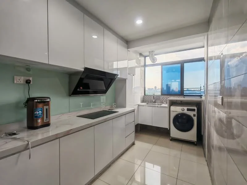 Kitchen features: white flat-panel cabinets, marble countertop, stainless-steel sink, chrome pull-down faucet, built-in oven, stainless-steel range hood, ceramic tile flooring, window with city view, washing machine, refrigerator, light fixtures, wall-mounted cabinets; style: modern; view: city.