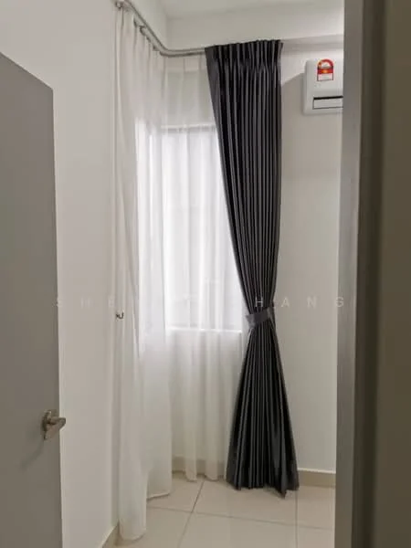 Room features: white painted walls, floor-to-ceiling window, sheer white curtains, blackout grey curtains, 1 wall-mounted split AC, tile flooring.