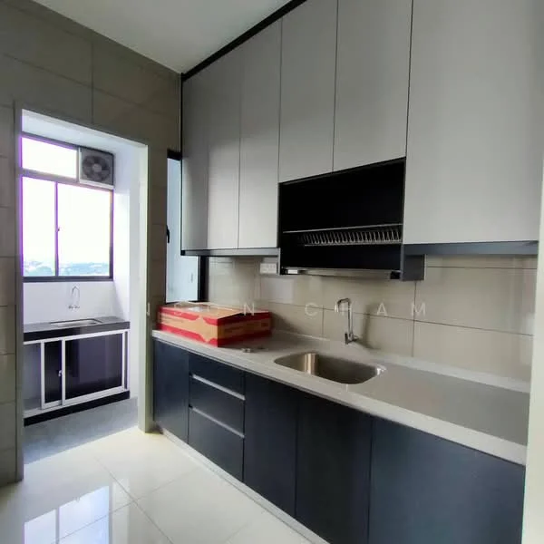 Kitchen features: grey and black cabinetry, stainless-steel sink, chrome pull-down faucet, white countertop, built-in oven, kitchen island, open shelving, tile backsplash, floor-to-ceiling windows, polished tile flooring, wall-mounted range hood; style: modern; view: city. Room features: window, grey wall tiles, black cabinetry.