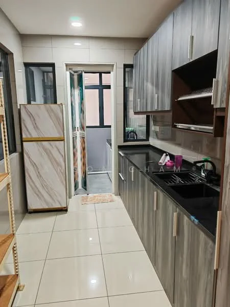Kitchen features: grey laminate cabinetry, black countertop, single-bowl stainless-steel sink, chrome pull-down faucet, stainless-steel fridge, ceramic tile flooring, wall-mounted shelves, window with black frame, door leading to balcony, light fixtures, backsplash with tile cladding; style: modern.