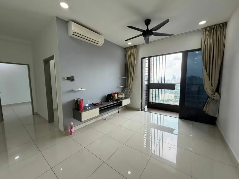 Living features: glossy porcelain tile flooring, grey accent wall, white painted walls, floor-to-ceiling windows, sliding glass door, 5-blade ceiling fan with light, wall-mounted TV console, curtains, air conditioning unit, decorative wall shelf; style: modern; view: city.