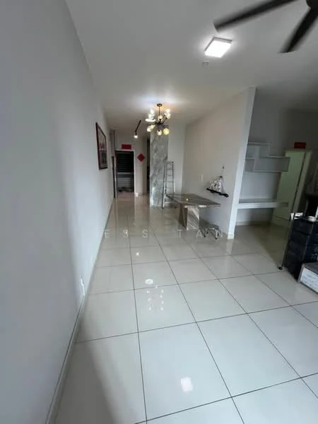 Room features: white painted walls, glossy ceramic tile flooring, recessed downlights, ceiling fan, chandelier, open shelving, marble accent wall, built-in cabinetry, doorway leading to another room; style: modern.