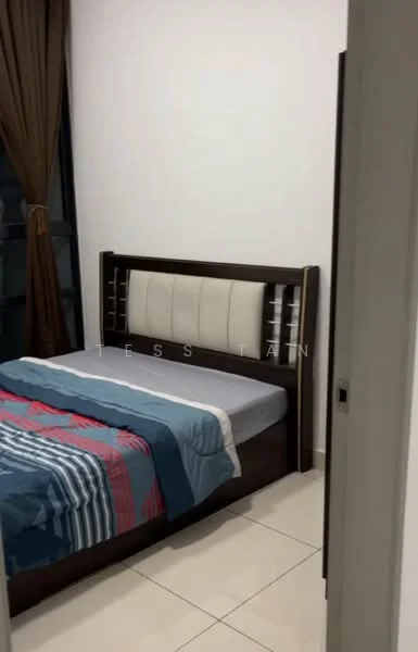 Bedroom features: queen-size bed, upholstered headboard, bedside shelves, brown wooden bed frame, blue and red striped bedding, white walls, cream tiled flooring, floor-to-ceiling windows with brown curtains; style: modern.