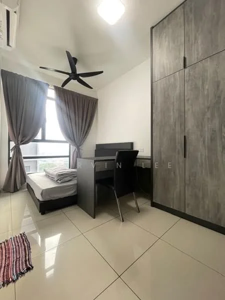 Bedroom features: single bed, grey upholstered headboard, black study desk, black chair, floor-to-ceiling window, sheer curtains, dark wood wardrobe, 5-blade ceiling fan with light, white painted walls, glossy tile flooring; style: modern; view: city.