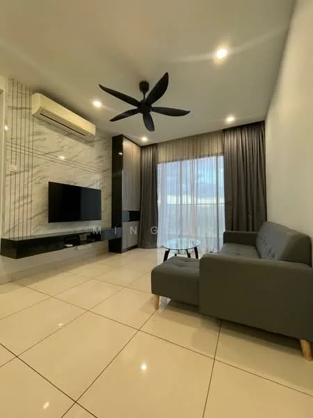 Living features: grey fabric sofa, wall-mounted TV, black TV console, white marble accent wall, cream tiled flooring, 5-blade ceiling fan, floor-to-ceiling windows, sheer curtains, blackout curtains, air conditioning unit; style: modern.