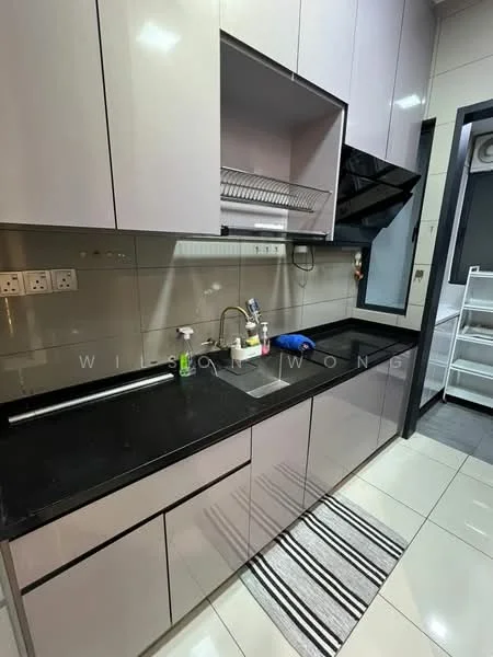 Kitchen features: black granite countertop, single-bowl stainless-steel sink, chrome pull-down faucet, grey high-gloss cabinetry, built-in oven, stainless-steel range hood, ceramic tile flooring, wall-mounted dish rack, backlit mirror, white tiled backsplash, kitchen towel, striped area rug; style: modern.