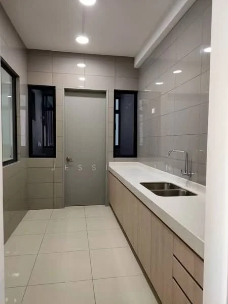 Kitchen features: single-bowl stainless-steel sink, chrome pull-down faucet, white quartz countertop, light wood cabinetry, grey tiled backsplash, white tiled flooring, recessed LED downlights, floor-to-ceiling windows, grey painted walls, door to adjacent room; style: modern.
