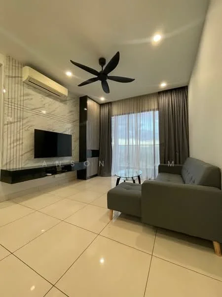 Living features: grey fabric sofa, coffee table, wall-mounted TV, black TV console, white marble accent wall, floor-to-ceiling windows, sheer curtains, recessed LED downlights, 5-blade ceiling fan with light, cream tiled flooring, air conditioning unit; style: modern.