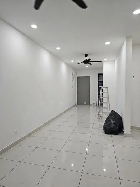 Room features: white painted walls, glossy ceramic tile flooring, recessed LED downlights, 5-blade ceiling fan, doorway leading to another room, ladder, black garbage bag, open space layout; style: modern.