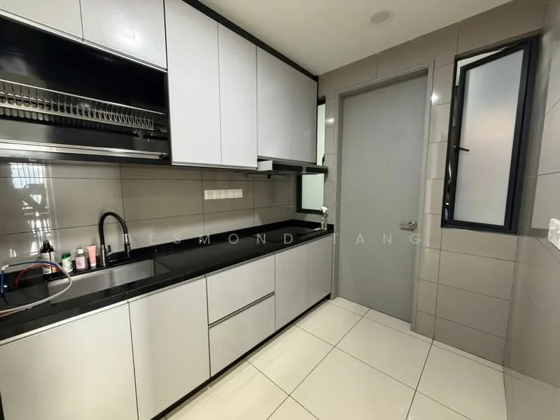 Kitchen features: white flat-panel cabinets, black granite countertop, stainless-steel sink, chrome pull-down faucet, built-in oven, ceramic tile flooring, grey tiled backsplash, open shelving, recessed downlights, window with black frame, wall-mounted cabinets, kitchen appliances visible; style: modern.