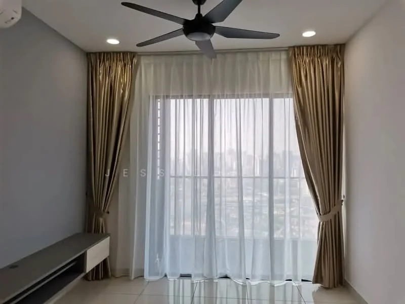 Room features: floor-to-ceiling windows, sheer curtains, golden drapes, ceiling fan, recessed downlights, light-coloured walls, glossy tile flooring, city skyline view; style: modern; view: city.