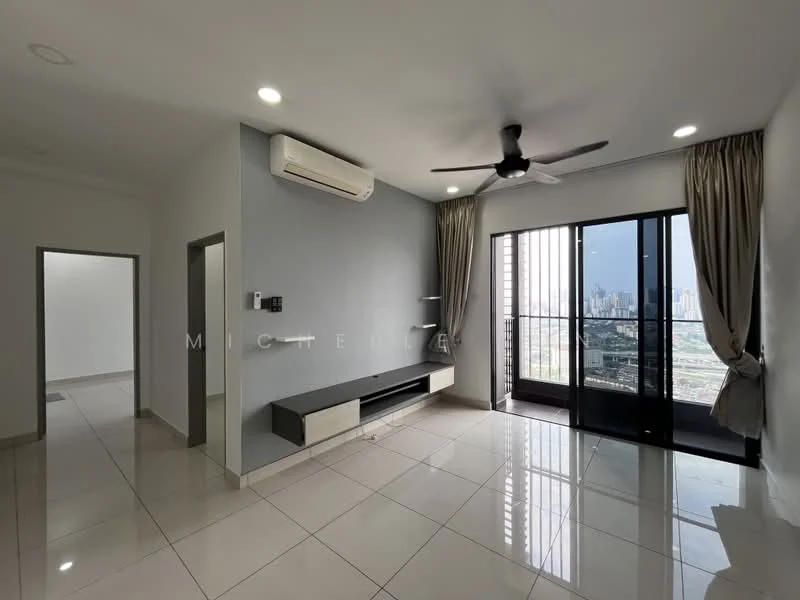 Living features: white painted walls, glossy ceramic tile flooring, 5-blade ceiling fan with light, floor-to-ceiling windows, sliding glass door, curtains, wall-mounted TV console, air conditioning unit; style: modern; view: city. Room features: white painted walls, glossy ceramic tile flooring, doorway leading to another room.