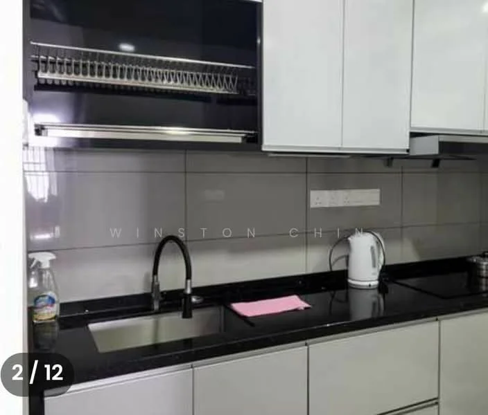 Kitchen features: black granite countertop, white cabinetry with flat-panel doors, stainless-steel single-bowl sink, chrome pull-down faucet, built-in overhead cabinet, grey tiled backsplash, electric kettle, pink dishcloth, built-in stove, under-cabinet lighting; style: modern.
