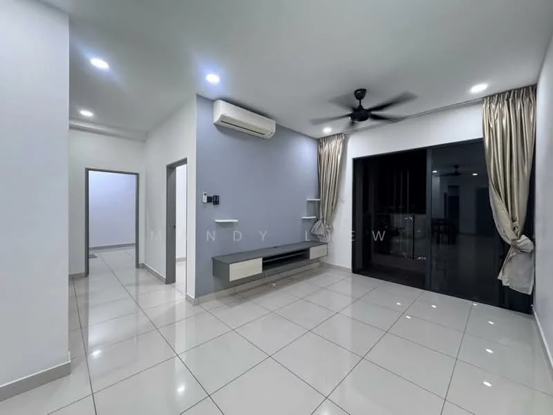 Living features: white painted walls, glossy ceramic tile flooring, 5-blade ceiling fan with light, wall-mounted air conditioning unit, TV console with storage, sliding glass door, floor-to-ceiling windows, curtains, recessed LED downlights; style: modern.