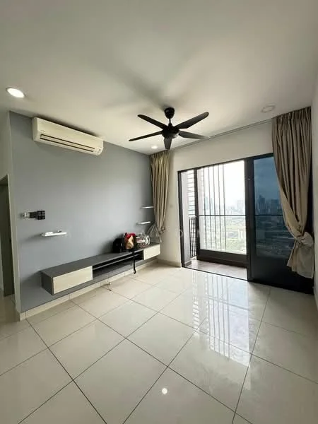 Living features: white painted walls, grey accent wall, glossy ceramic tile flooring, 5-blade ceiling fan with light, floor-to-ceiling sliding glass door, curtains, wall-mounted shelf, air conditioning unit; style: modern; view: city.