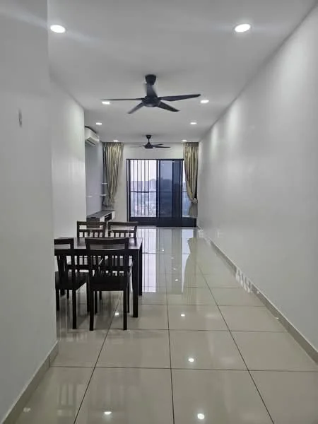 Living features: white painted walls, glossy ceramic tile flooring, 5-blade ceiling fan with light, floor-to-ceiling sliding glass door, sheer curtains, dining table with 4 chairs, air conditioning unit, recessed LED downlights; style: modern; view: city.