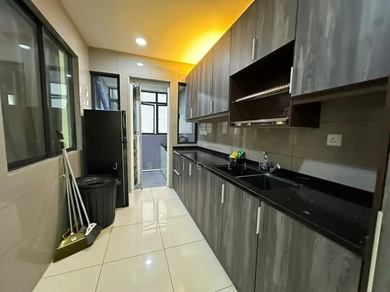 Kitchen features: black granite countertop, grey laminate cabinetry, double-bowl stainless-steel sink, chrome pull-down faucet, built-in dish rack, black refrigerator, ceramic tile flooring, wall-mounted shelving, large window for natural light, door leading to utility area; style: modern.