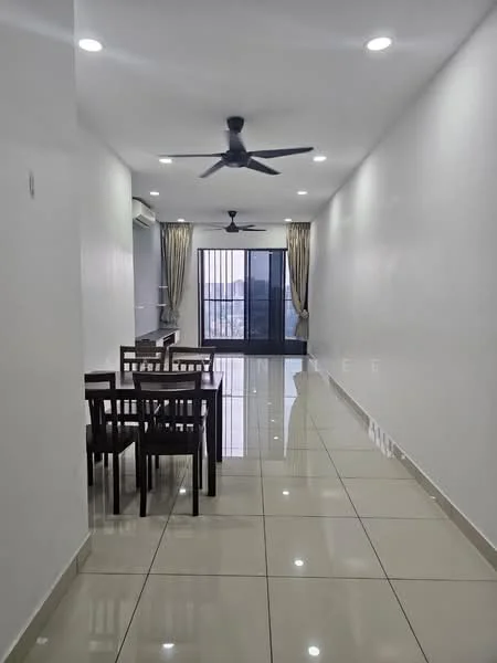 Living features: white painted walls, glossy ceramic tile flooring, 5-blade ceiling fan with light, floor-to-ceiling sliding glass door, sheer curtains, dining table with four chairs, recessed LED downlights, air conditioning unit; style: modern; view: city.