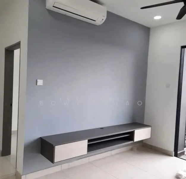 Living features: grey accent wall, white painted walls, wall-mounted TV console in grey and white, floor tiles in light color, 1 wall-mounted split AC, ceiling fan, doorway leading to another room, large window with black frame; style: modern.
