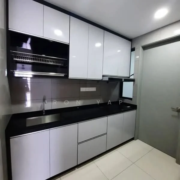 Kitchen features: white glossy cabinetry, black granite countertop, stainless-steel sink, chrome pull-down faucet, built-in oven, ceramic tile flooring, grey tiled backsplash, under-cabinet lighting, open shelving, wall-mounted cabinets, sliding door, recessed ceiling lights; style: modern.