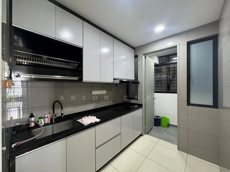 Kitchen features: black granite countertop, grey flat-panel cabinets, stainless-steel sink, chrome pull-down faucet, built-in oven, ceramic tile flooring, grey tiled walls, open shelving, window with black frame, wall-mounted rack for utensils; style: modern.